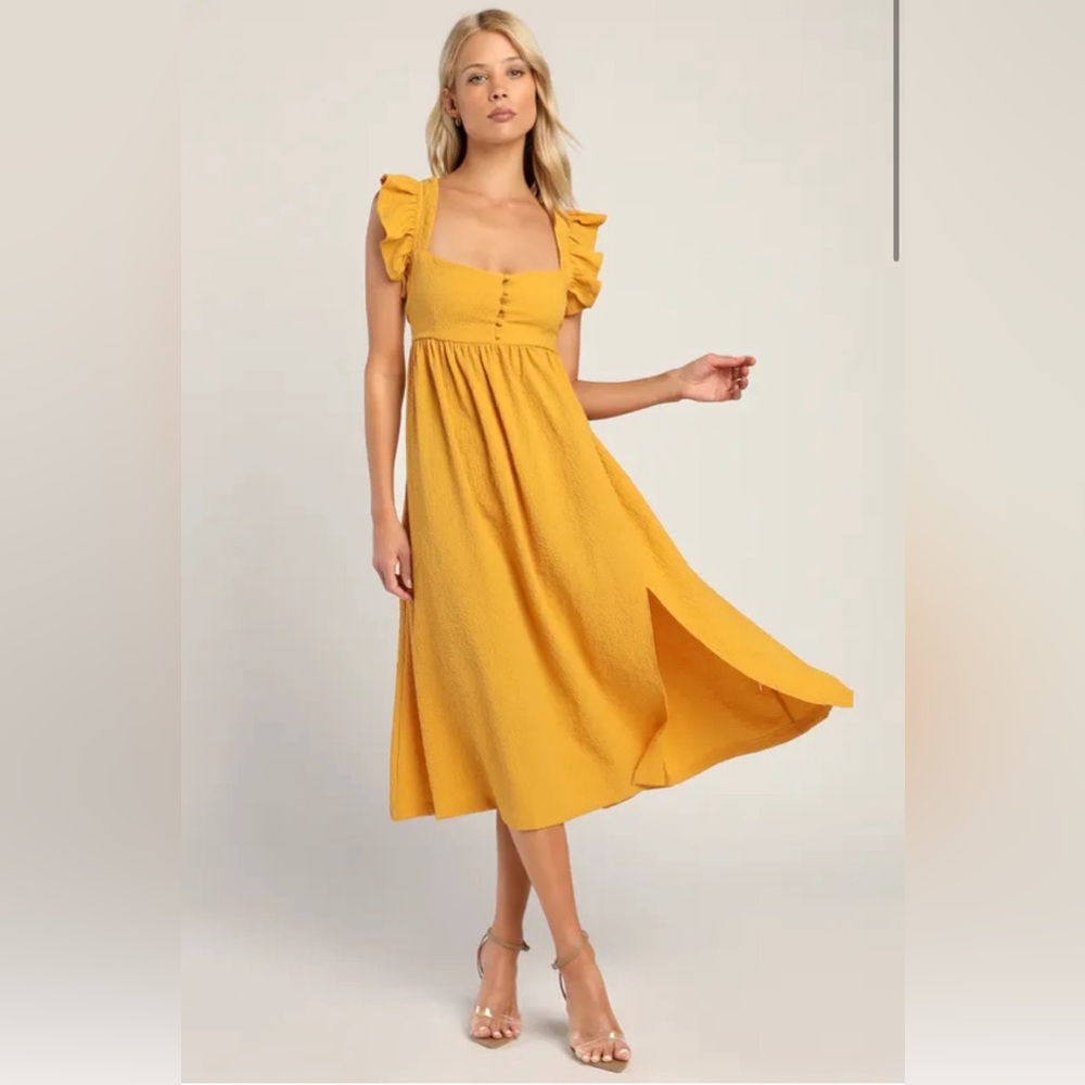 Springtime Splendor Marigold Ruffle Backless Midi Dress - Picture 4 of 5